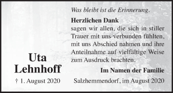 Traueranzeige von Uta Lehnhoff von Deister- und Weserzeitung