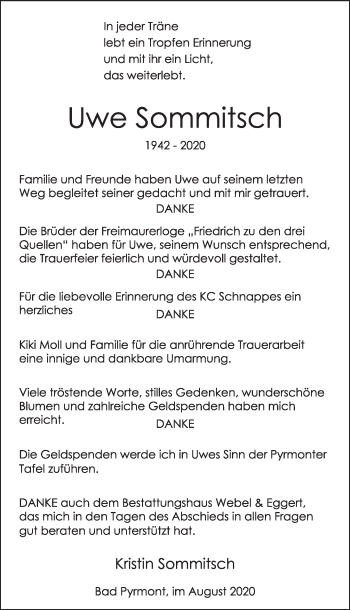 Traueranzeige von Uwe Sommitsch von Deister- und Weserzeitung