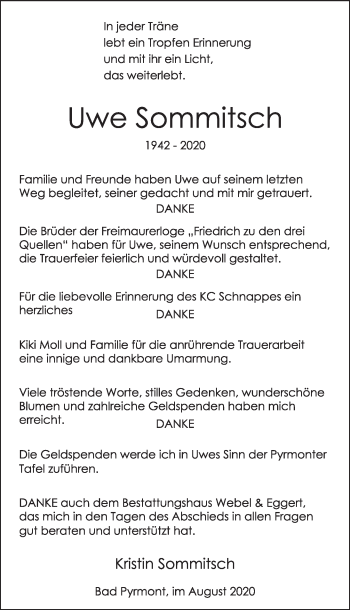 Traueranzeige von Uwe Sommitsch von Deister- und Weserzeitung