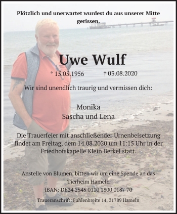 Traueranzeige von Uwe Wulf von Deister- und Weserzeitung