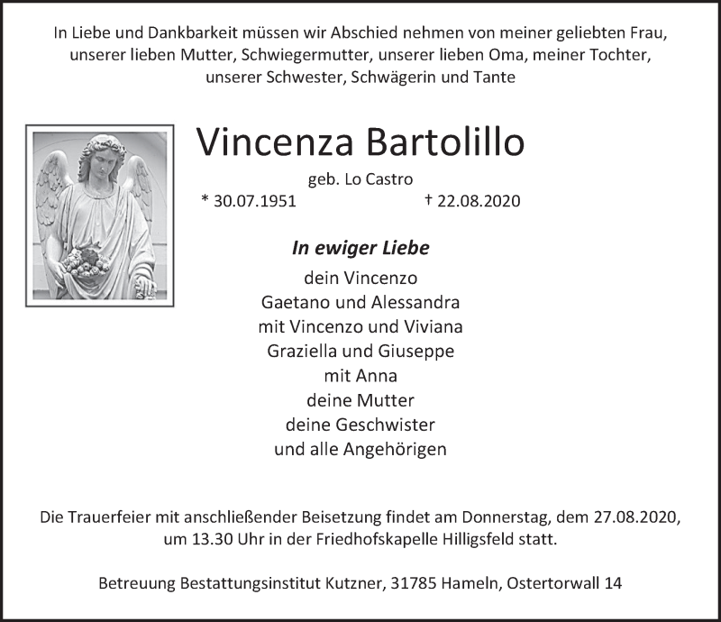  Traueranzeige für Vincenza Bartolillo vom 25.08.2020 aus Deister- und Weserzeitung