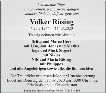 Traueranzeige von Volker Rösing von Deister- und Weserzeitung