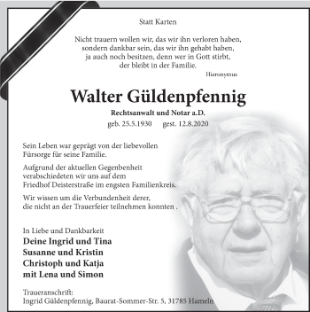 Traueranzeige von Walter Güldenpfennig von Deister- und Weserzeitung