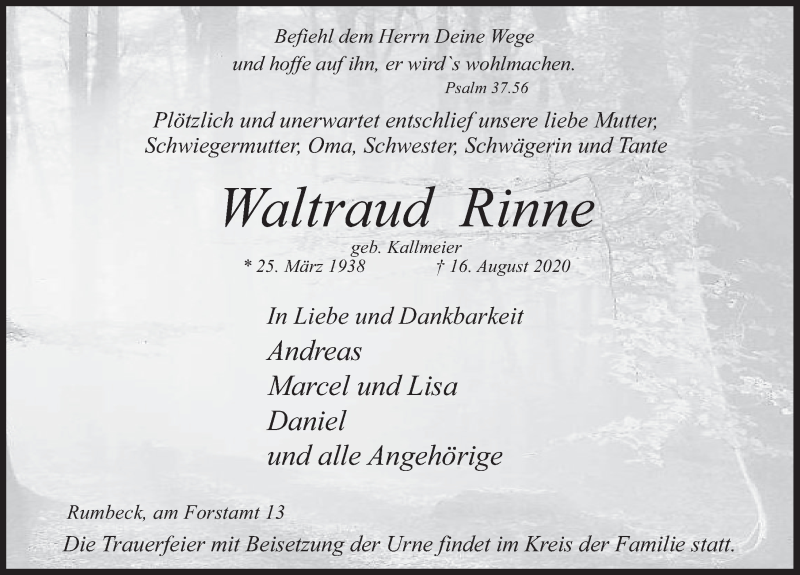  Traueranzeige für Waltraud Rinne vom 22.08.2020 aus Deister- und Weserzeitung