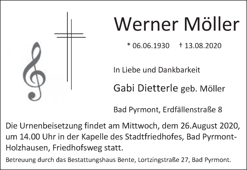  Traueranzeige für Werner Möller vom 22.08.2020 aus Deister- und Weserzeitung