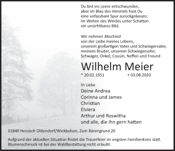 Traueranzeige von Wilhelm Meier von Deister- und Weserzeitung