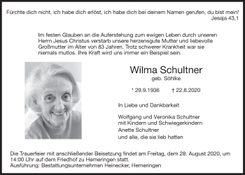 Traueranzeige von Wilma Schultner von Deister- und Weserzeitung