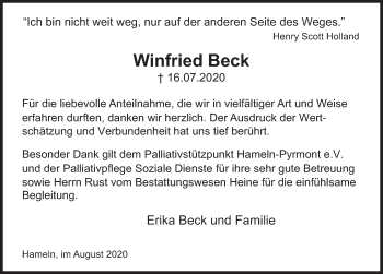 Traueranzeige von Winfried Beck von Deister- und Weserzeitung