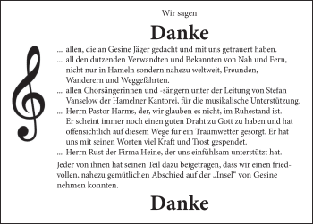 Traueranzeige von Wir sagen Danke  von Deister- und Weserzeitung