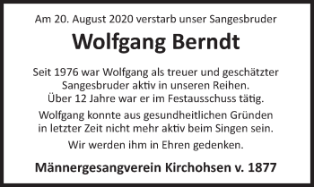 Traueranzeige von Wolfgang Berndt von Deister- und Weserzeitung