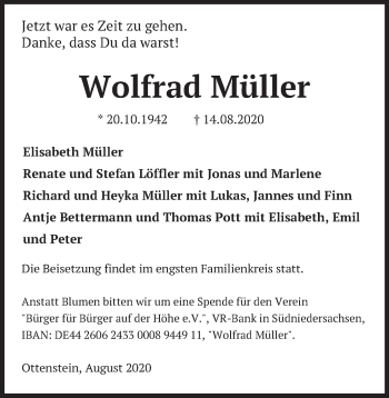 Traueranzeige von Wolfrad Müller von Deister- und Weserzeitung