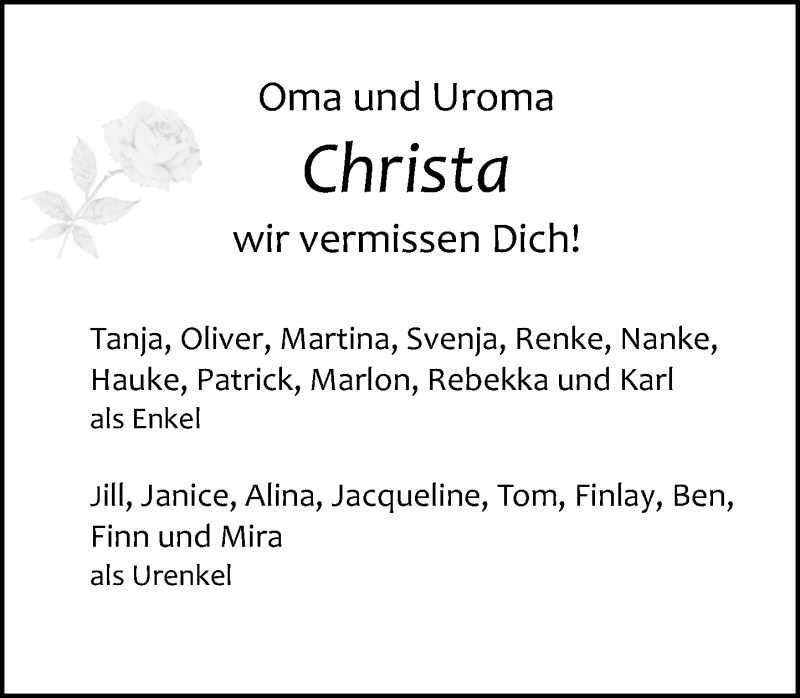  Traueranzeige für Christa Hundertmark vom 01.08.2020 aus Deister- und Weserzeitung