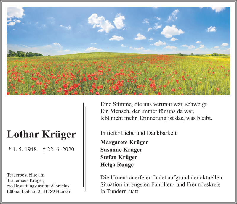  Traueranzeige für Lothar Krüger vom 04.07.2020 aus Deister- und Weserzeitung
