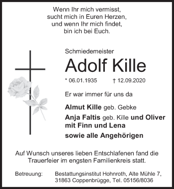 Traueranzeige von Adolf Kille von Deister- und Weserzeitung