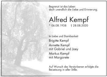 Traueranzeige von Alfred Kempf von Deister- und Weserzeitung