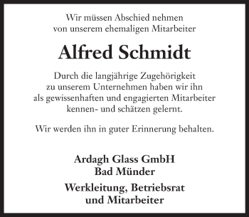 Traueranzeige von Alfred Schmidt von Neue Deister-Zeitung