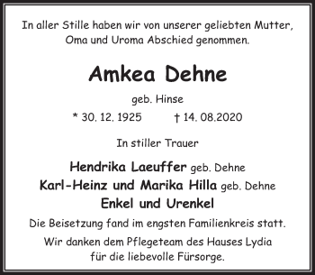 Traueranzeige von Amkea Dehne von Deister- und Weserzeitung
