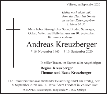 Traueranzeige von Andreas Kreuzberger von Neue Deister-Zeitung