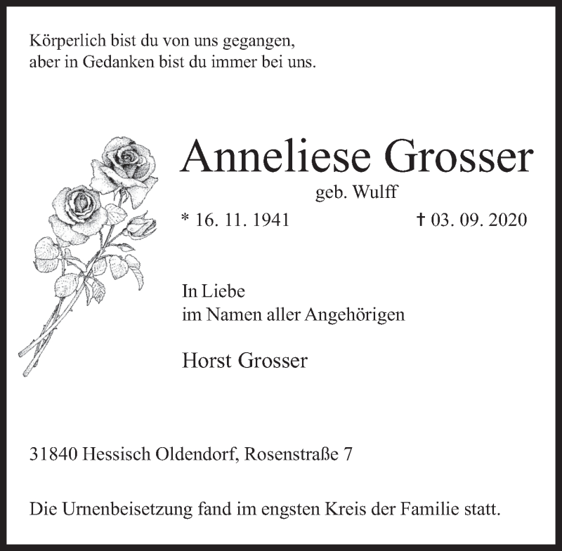  Traueranzeige für Anneliese Grosser vom 23.09.2020 aus Deister- und Weserzeitung