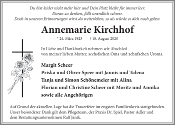 Traueranzeige von Annemarie Kirchhof von Neue Deister-Zeitung