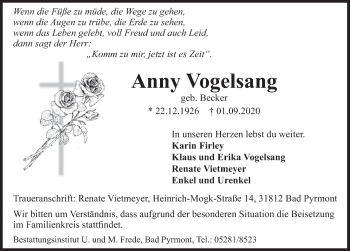Traueranzeige von Anny Vogelsang von Deister- und Weserzeitung