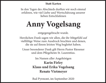 Traueranzeige von Anny Vogelsang von Deister- und Weserzeitung