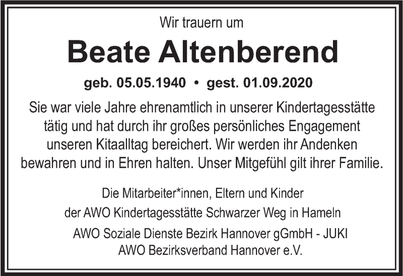  Traueranzeige für Beate Altenberend vom 12.09.2020 aus Deister- und Weserzeitung