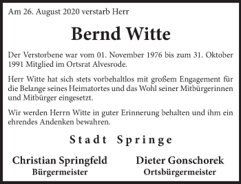 Traueranzeige von Bernd Witte von Neue Deister-Zeitung