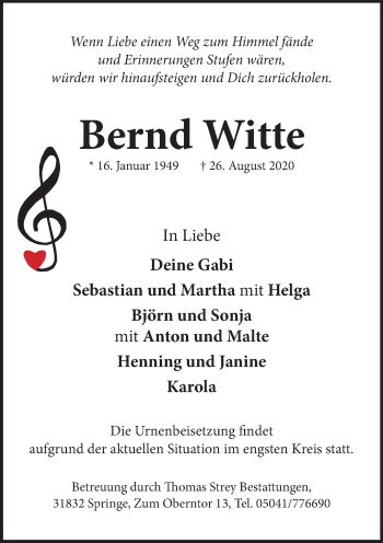 Traueranzeige von Bernd Witte von Neue Deister-Zeitung