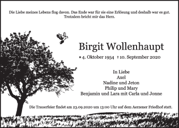 Traueranzeige von Birgit Wollenhaupt von Deister- und Weserzeitung