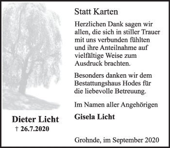 Traueranzeige von Dieter Licht von Deister- und Weserzeitung