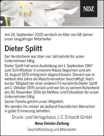 Traueranzeige von Dieter Splitt von Neue Deister-Zeitung