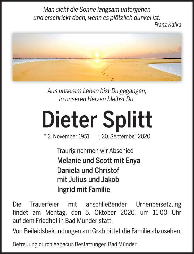  Traueranzeige für Dieter Splitt vom 26.09.2020 aus Neue Deister-Zeitung