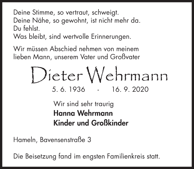  Traueranzeige für Dieter Wehrmann vom 26.09.2020 aus Deister- und Weserzeitung