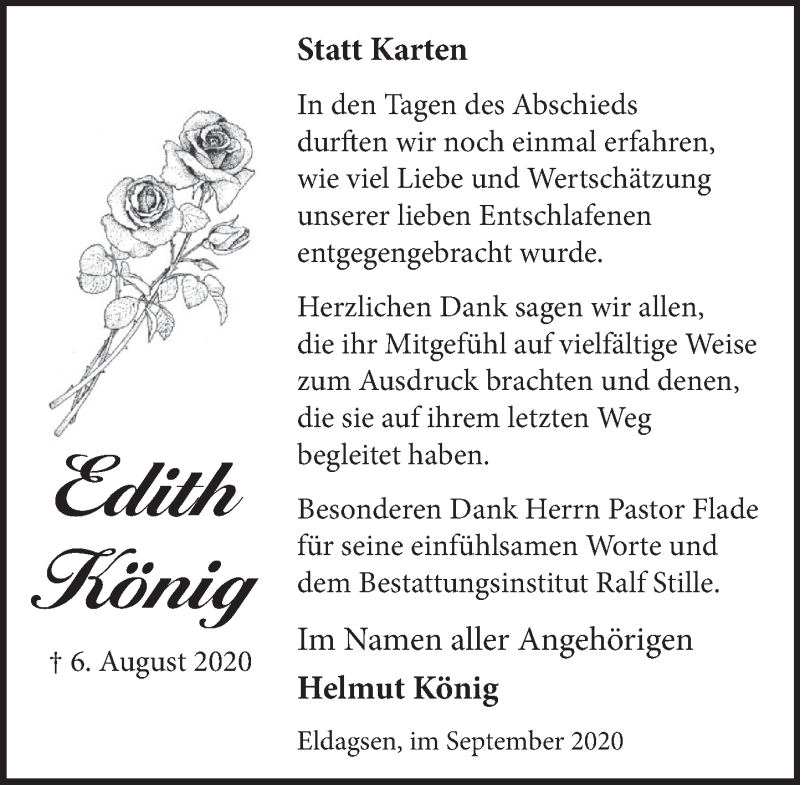  Traueranzeige für Edith König vom 12.09.2020 aus Neue Deister-Zeitung