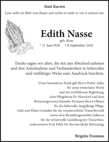 Traueranzeige von Edith Nasse von Neue Deister-Zeitung