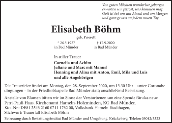 Traueranzeige von Elisabeth Böhm von Neue Deister-Zeitung