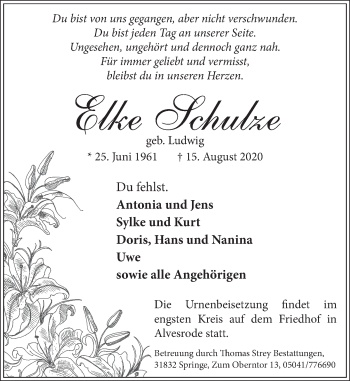 Traueranzeige von Elke Schulze von Neue Deister-Zeitung