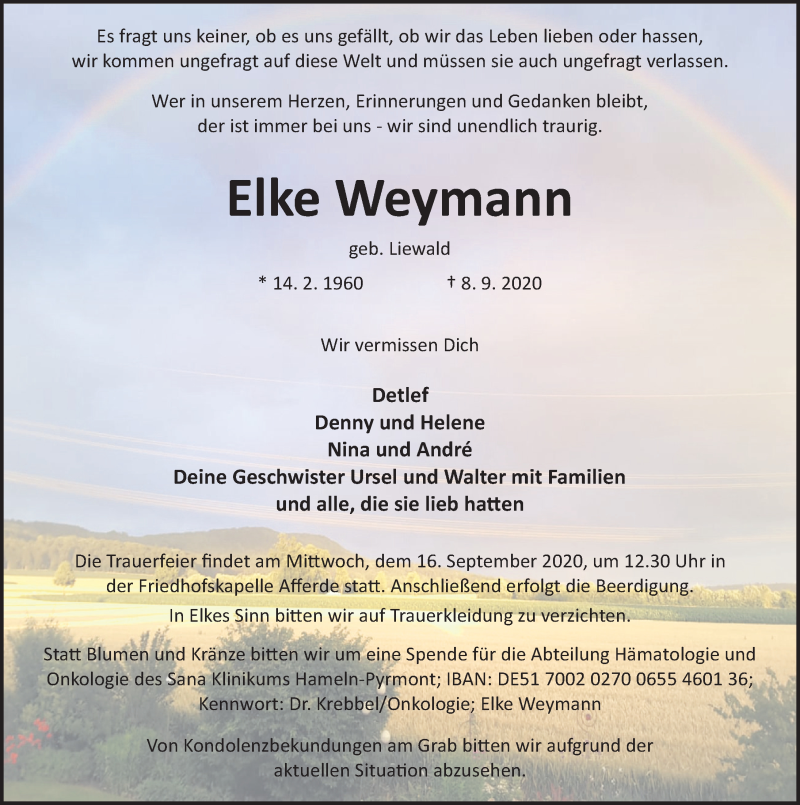  Traueranzeige für Elke Weymann vom 12.09.2020 aus Deister- und Weserzeitung