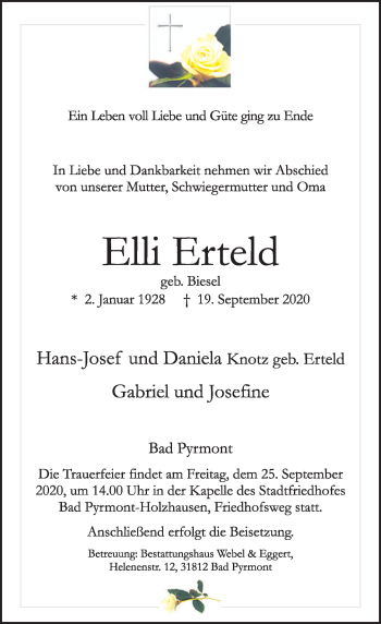 Traueranzeige von Elli Erteld von Deister- und Weserzeitung