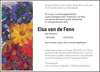 Traueranzeige von Elsa von de Fenn von Deister- und Weserzeitung