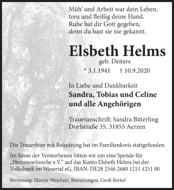 Traueranzeige von Elsbeth Helms von Deister- und Weserzeitung