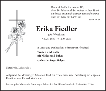 Traueranzeige von Erika Fiedler von Neue Deister-Zeitung