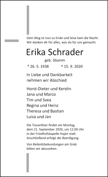 Traueranzeige von Erika Schrader von Deister- und Weserzeitung