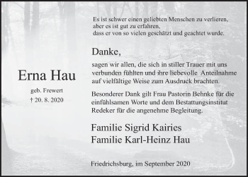 Traueranzeige von Erna Hau von Deister- und Weserzeitung