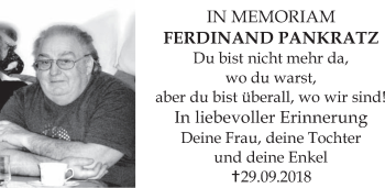 Traueranzeige von Ferdinand Pankratz von Deister- und Weserzeitung