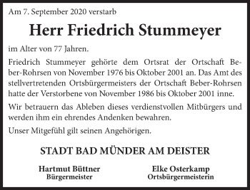 Traueranzeige von Friedrich Stummeyer von Neue Deister-Zeitung