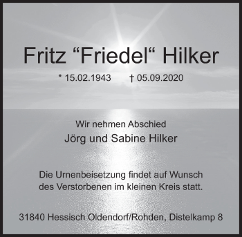 Traueranzeige von Fritz Hilker von Deister- und Weserzeitung