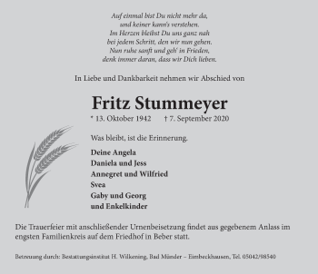 Traueranzeige von Fritz Stummeyer von Neue Deister-Zeitung