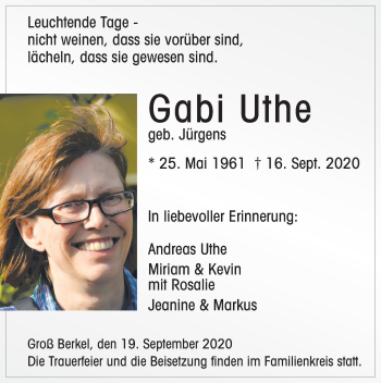Traueranzeige von Gabi Uthe von Deister- und Weserzeitung
